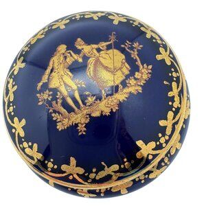 Limoges France Blue Courting Couple Trinket Pill Box Gold Trim Signed Vintage